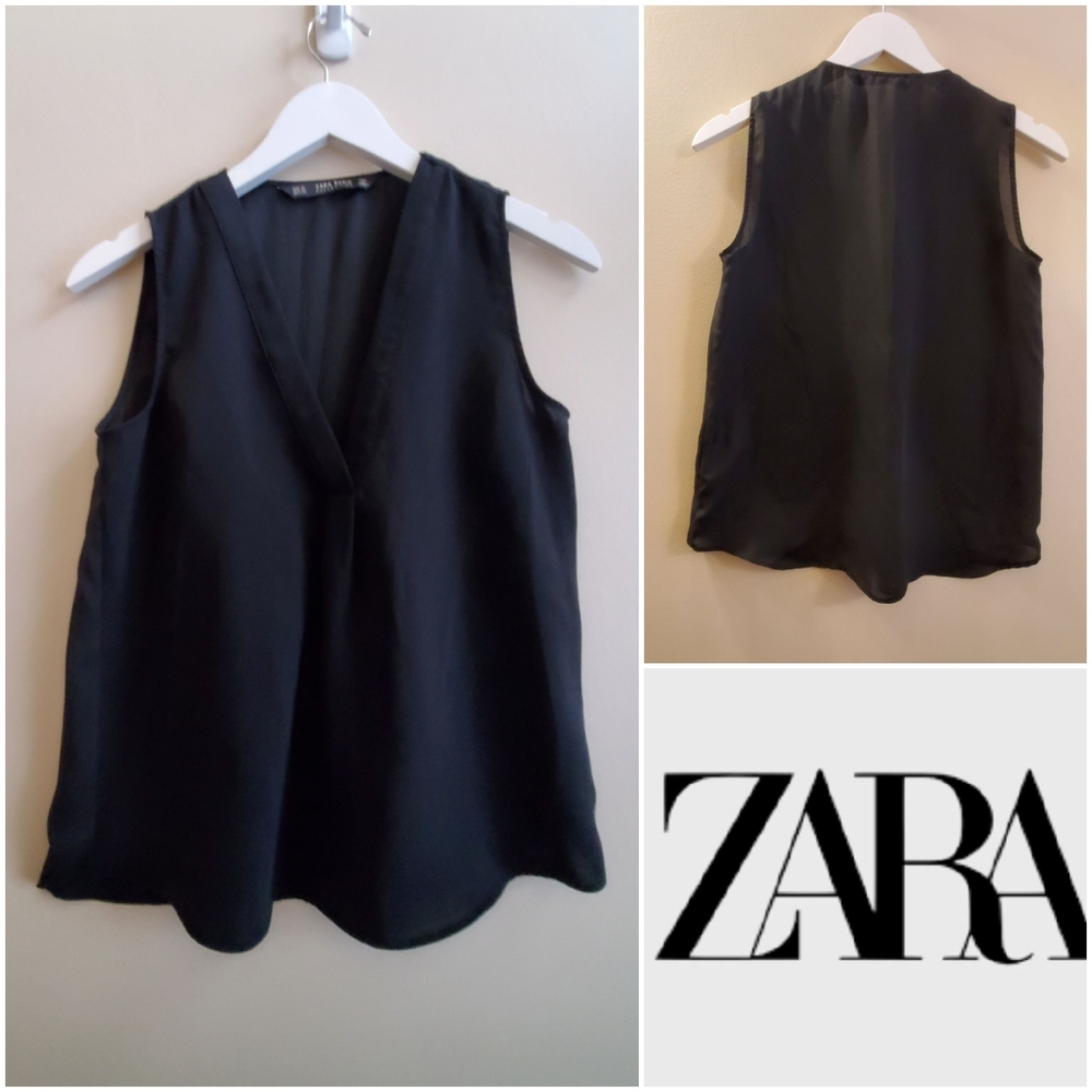 Zara v neck polyester tank top, flowy, XS, black colour